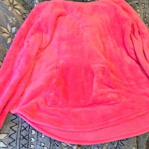 Fuzzy neon pink/gray hooded sweatshirt